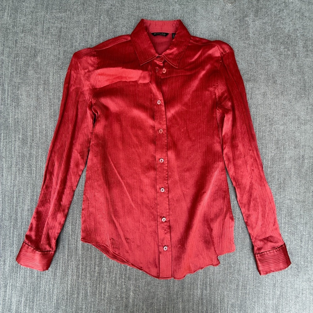 Massimo Dutti Shirt Top Womens 2 Red Satin Minimalist Collared Elegant Button Up